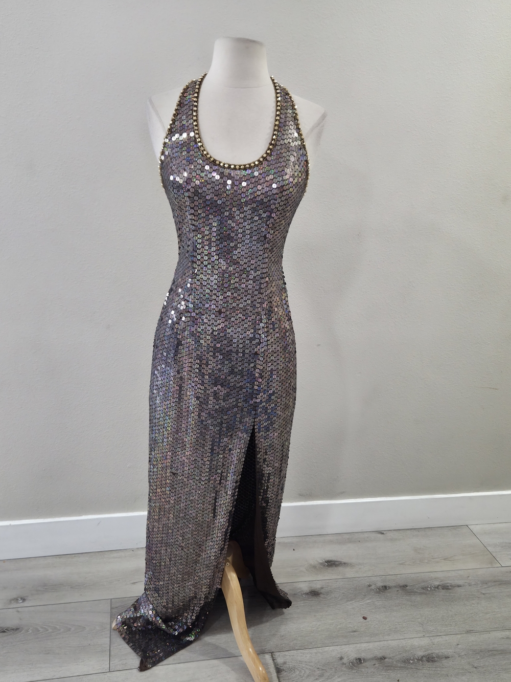 Niteline Iridescent Sequin Halter Gown in Silver